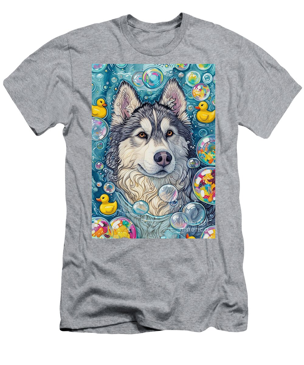 1 Alaskan Malamute Dog Frolicking in a Bubbly Bathtub Adrien Efren T-Shirt