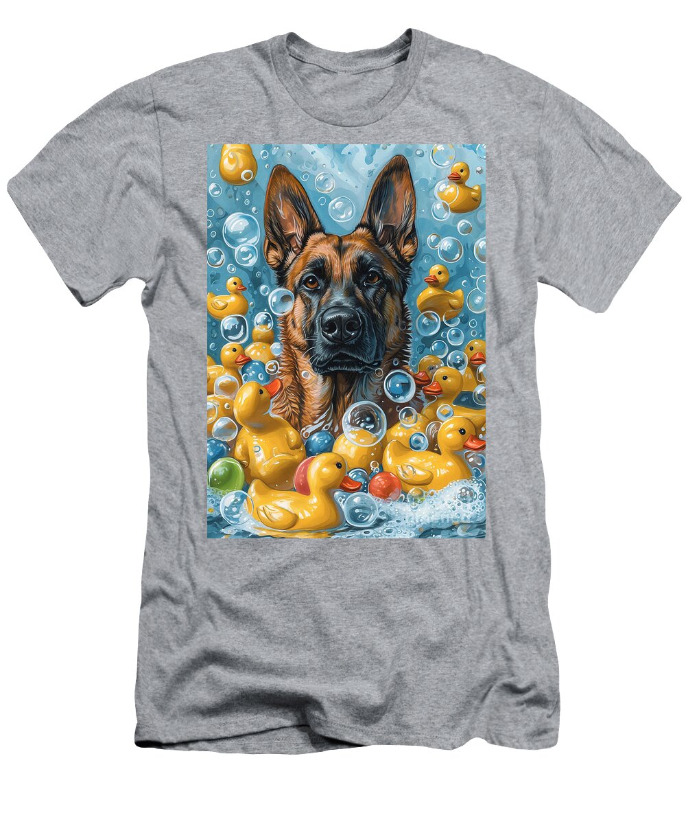1 Belgian Malinois Dog Frolicking in a Bubbly Bathtub Adrien Efren T-Shirt