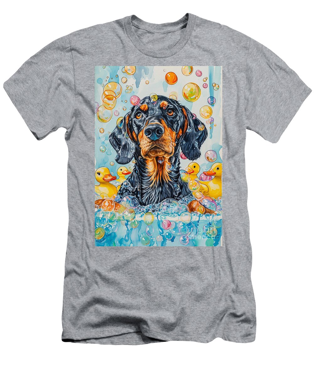1 Black and Tan Coonhound Dog Frolicking in a Bubbly Bathtub Adrien Efren T-Shirt