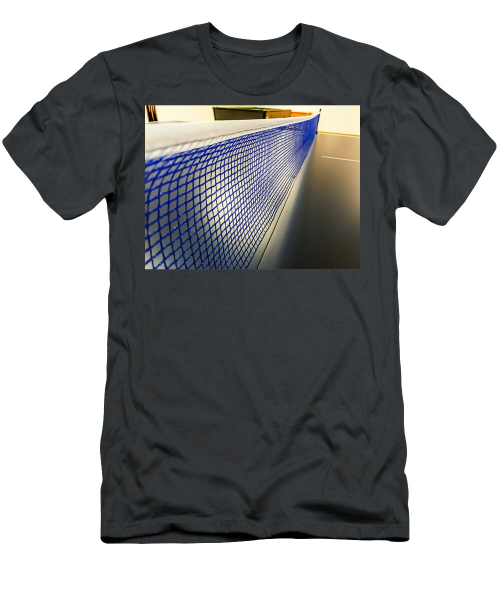 1 Blue and White Net of a Blue Ping Pong Table in Mason Stewart T-Shirt