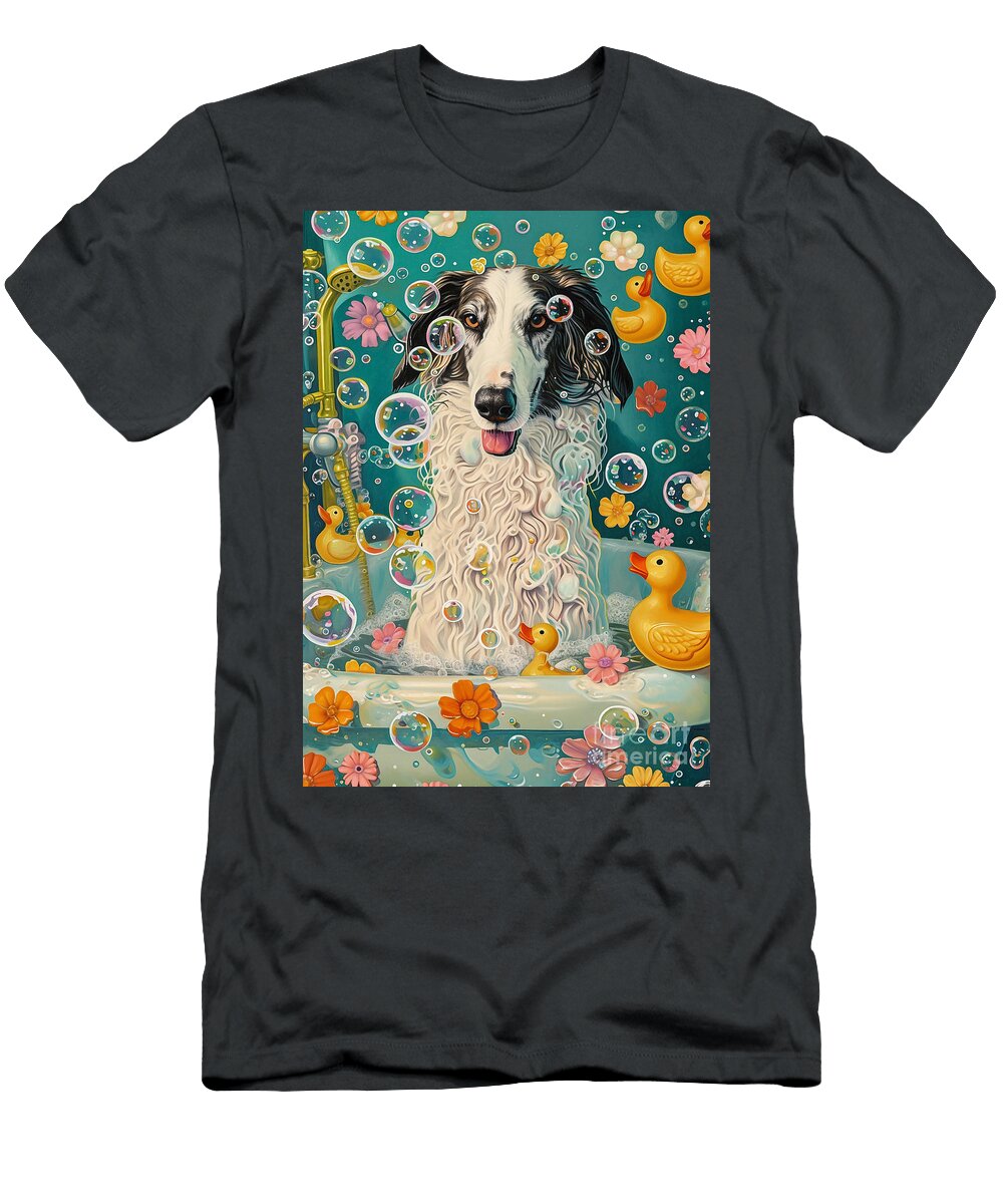1 Borzoi Dog Enjoying a Bubbly Bath Adrien Efren T-Shirt