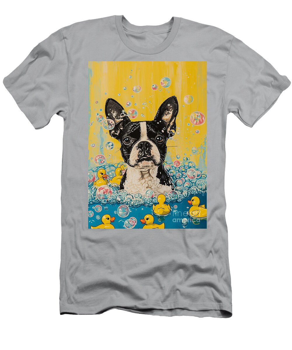 1 Boston Terrier Dog Frolicking in a Bubbly Bathtub Adrien Efren T-Shirt