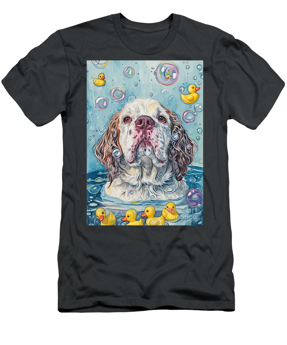 1 Clumber Spaniel Dog Frolicking in a Bubbly Bathtub Adrien Efren T-Shirt