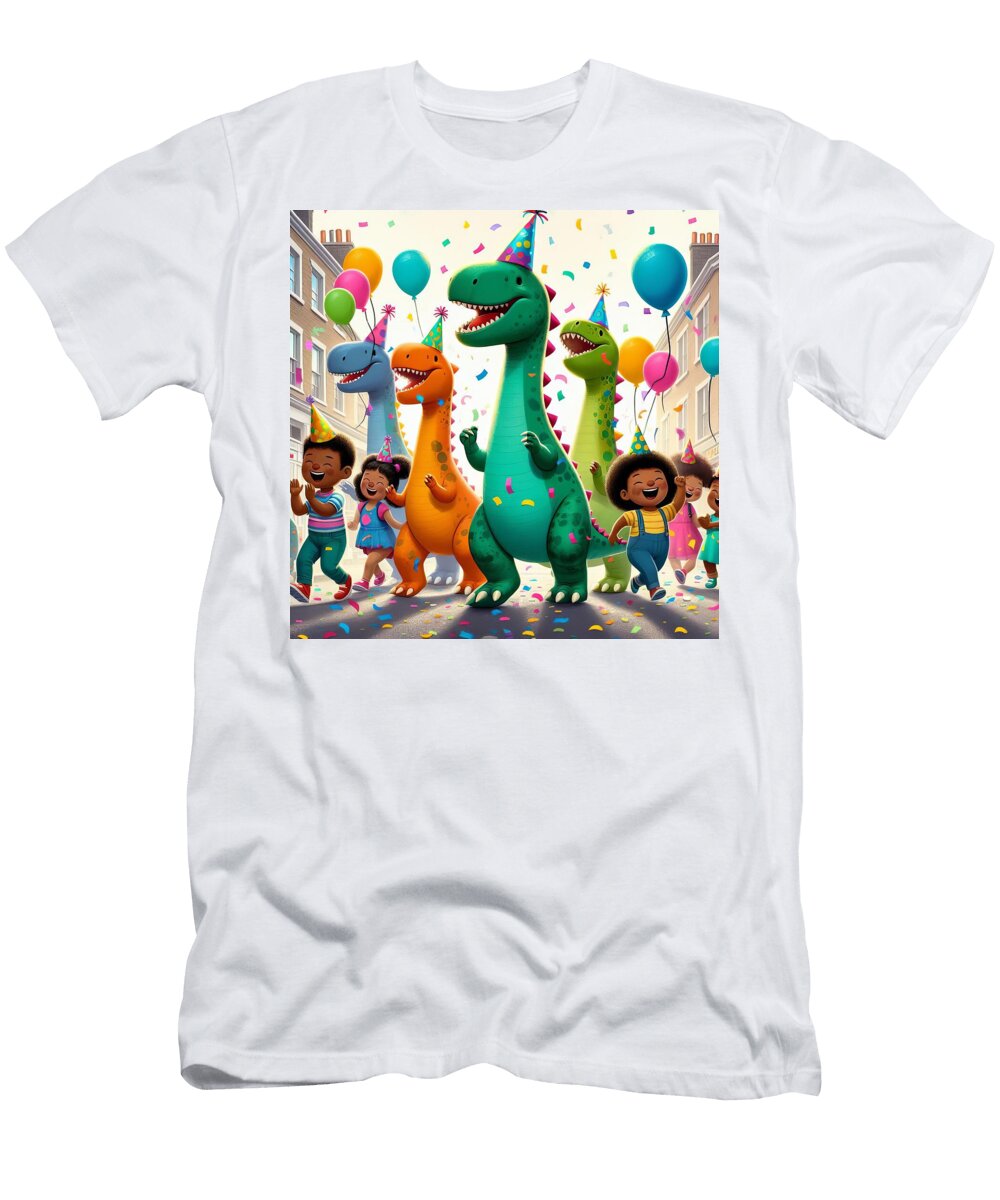 1 Cute Dinosaur and Children Birthday Parade with Balloons and Confetti Cartoon Illustration Talha Khan T-Shirt