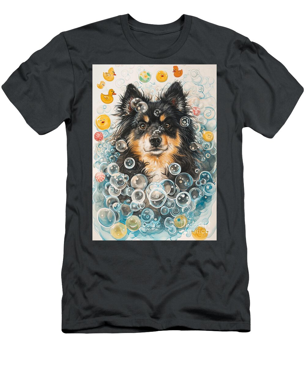 1 Finnish Lapphund Dog Frolicking in a Bubbly Bathtub Adrien Efren T-Shirt