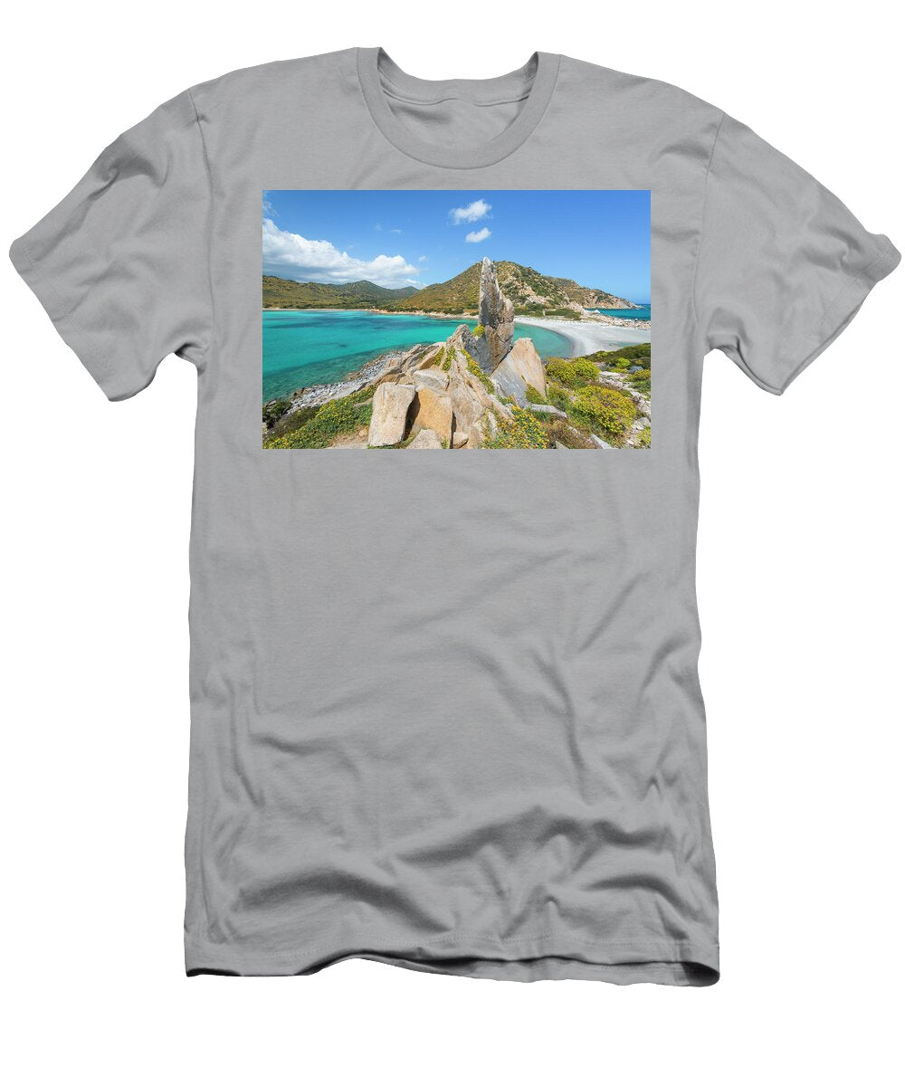 1 Italy Sardinia Cagliari District Villasimius Mediterranean Sea Tyrrhenian Sea Tyrrhenian Coast Bizarre Rock on Punta Molentis Beach with Turquoise Blue Sea Cornelia Dorr T-Shirt