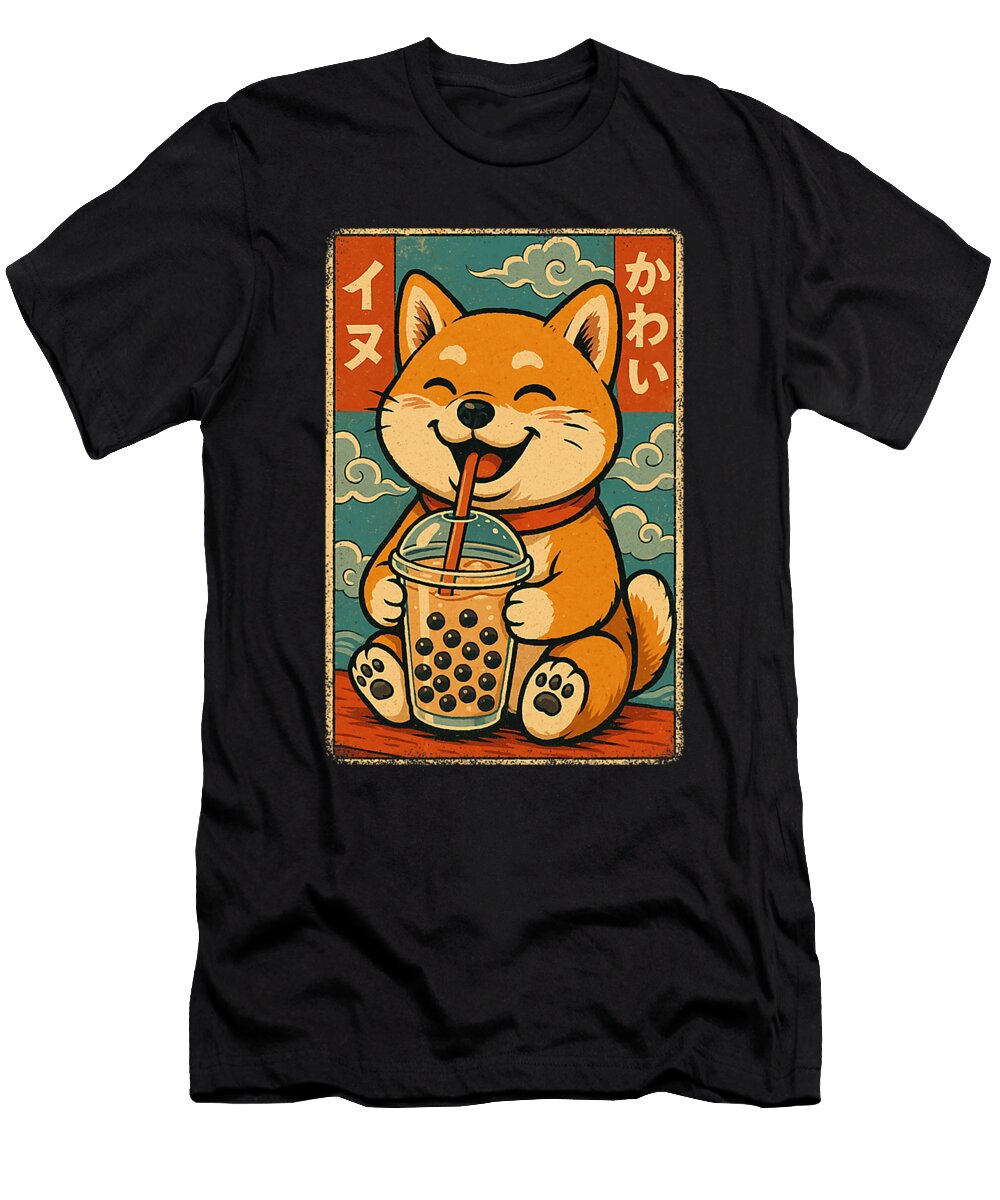 1 Shiba Inu Dog Drinks Bubble Tea Japanese Vintage Zyneu Gangd T-Shirt