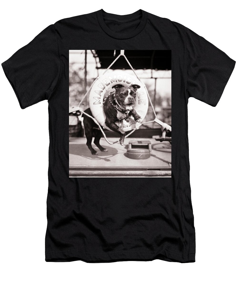 1920s 1930s Old Sea Dog Boston Terrier Sticking Head and Shoulders Through Life Preserver Panoramic Images T-Shirt