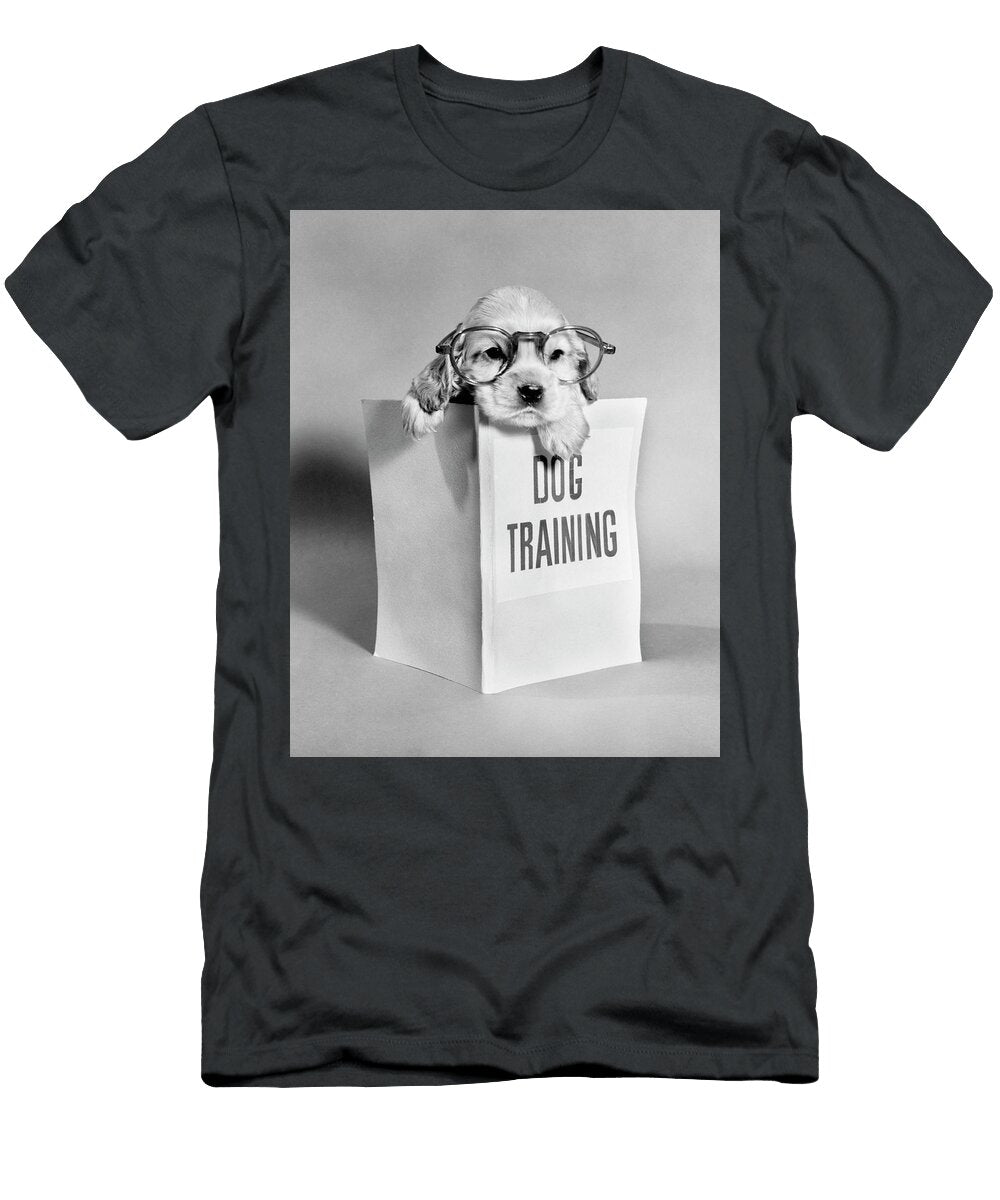 1950s Cocker Spaniel Puppy Wearing Glasses with Paws Over Dog Training Manual Panoramic Images T-Shirt