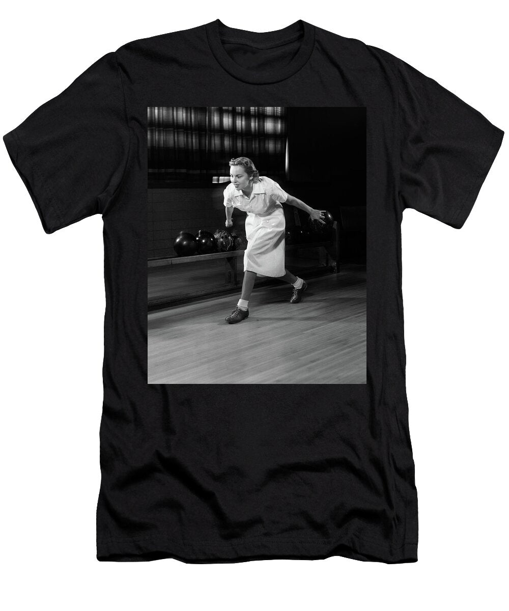1950s Woman Bowling About to Release Vintage Images T-Shirt