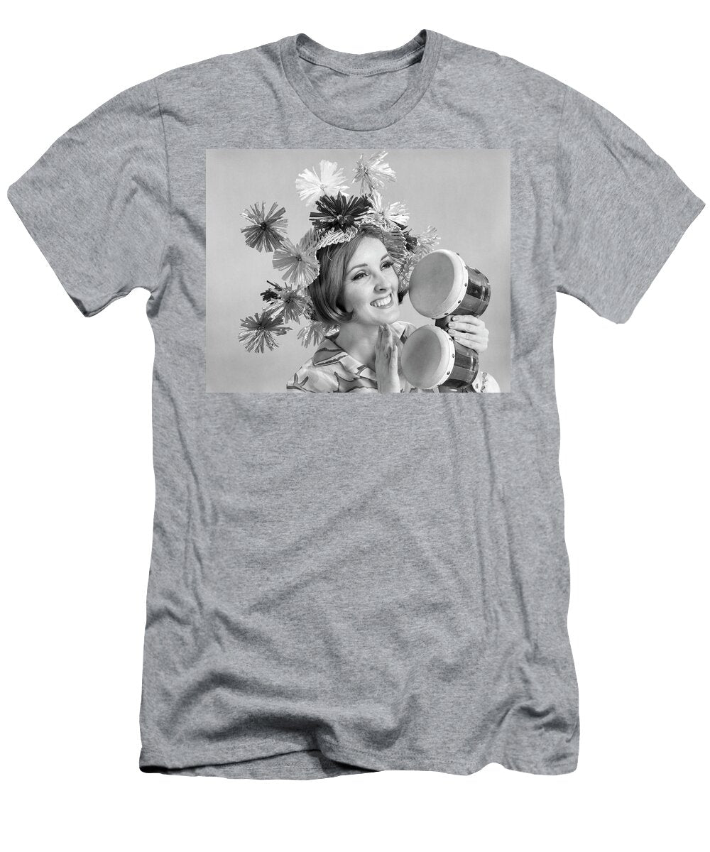 1960s Smiling Woman Wearing Goofy Straw Hat Playing Bongo Drums Panoramic Images T-Shirt