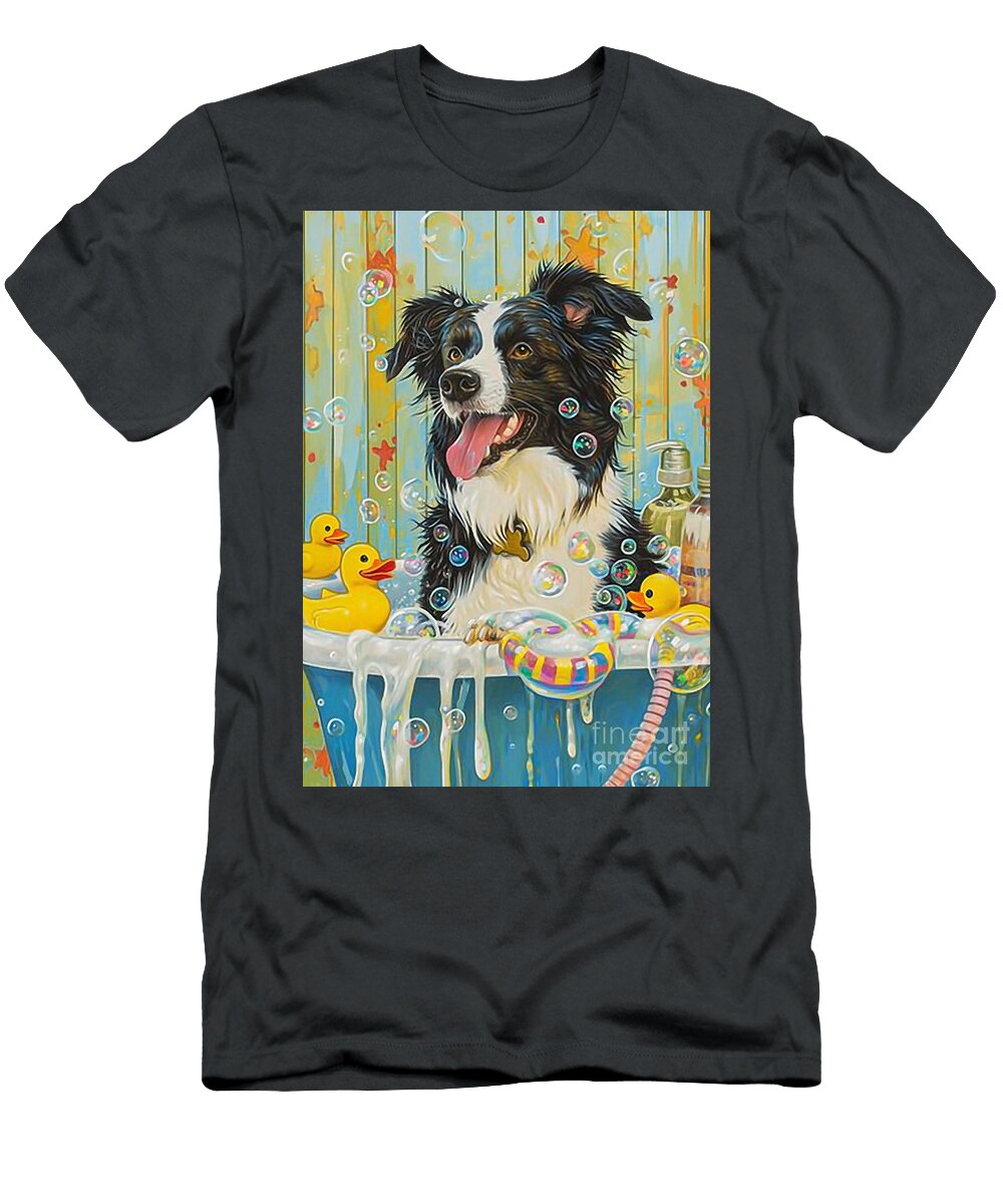 2 Border Collie Dog Frolicking in a Bubbly Bathtub Adrien Efren T-Shirt