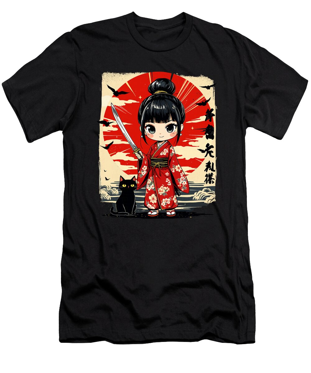 2 Cute Kawaii Samurai Girl and Cat Japanese Anime Zyneu Gangd T-Shirt