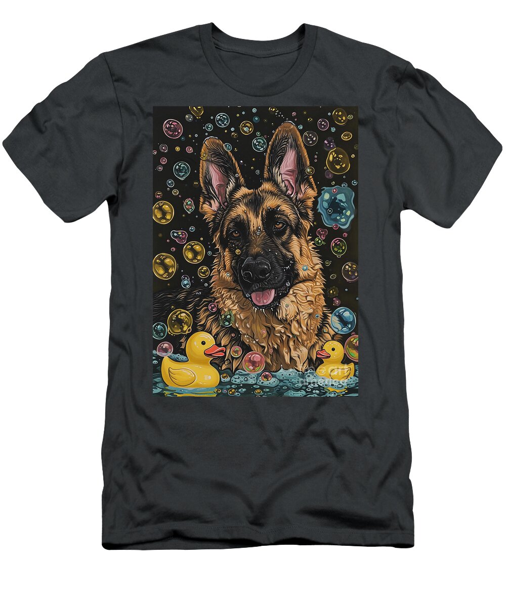 2 German Shepherd Dog Frolicking in a Bubbly Bathtub Adrien Efren T-Shirt