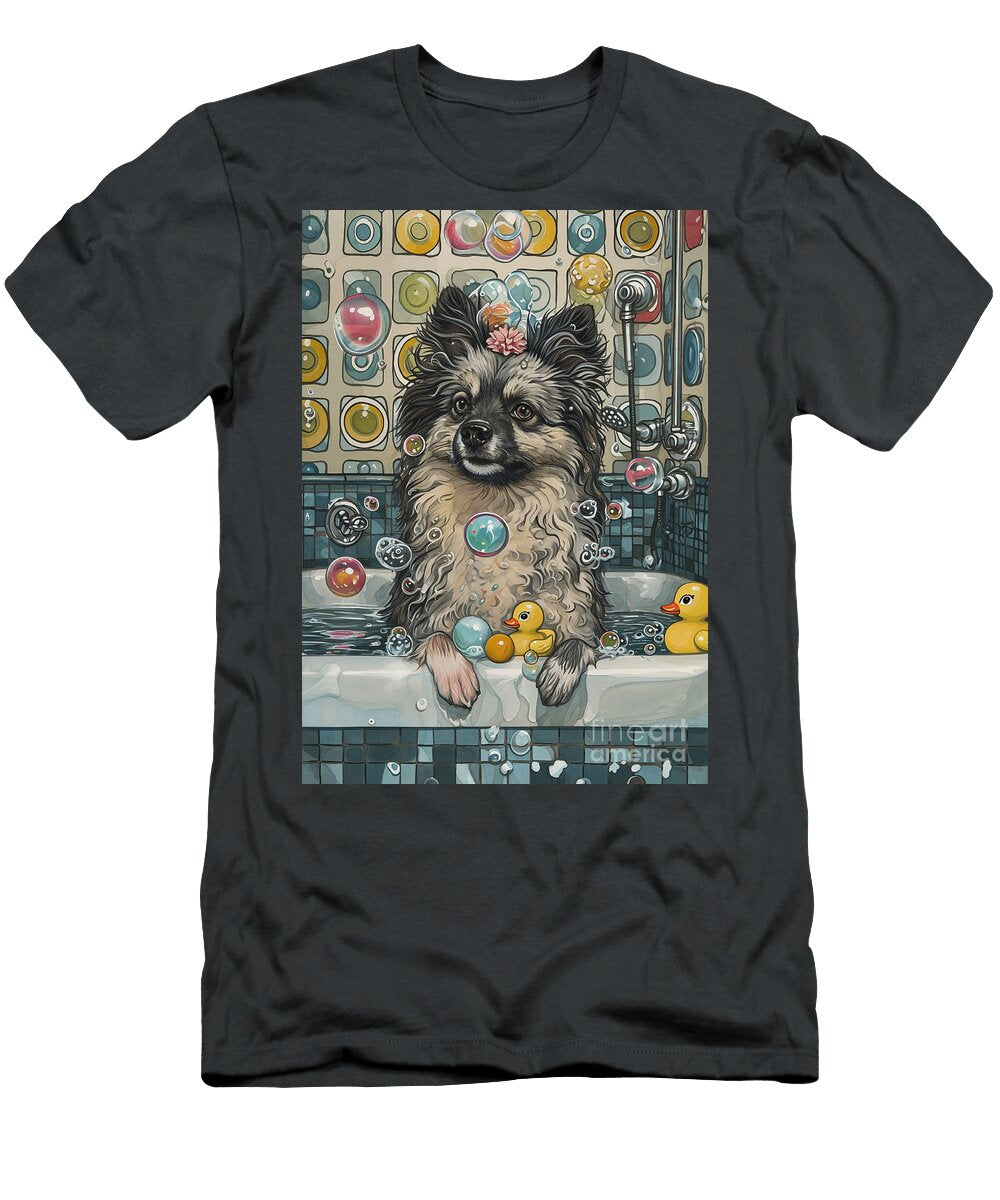2 Keeshond Dog Frolicking in a Bubbly Bathtub Adrien Efren T-Shirt