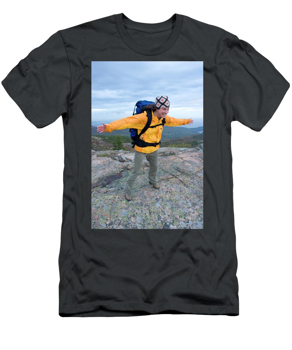 7 Young Woman Hiking on Cadillac Mountain Justin Bailie T-Shirt