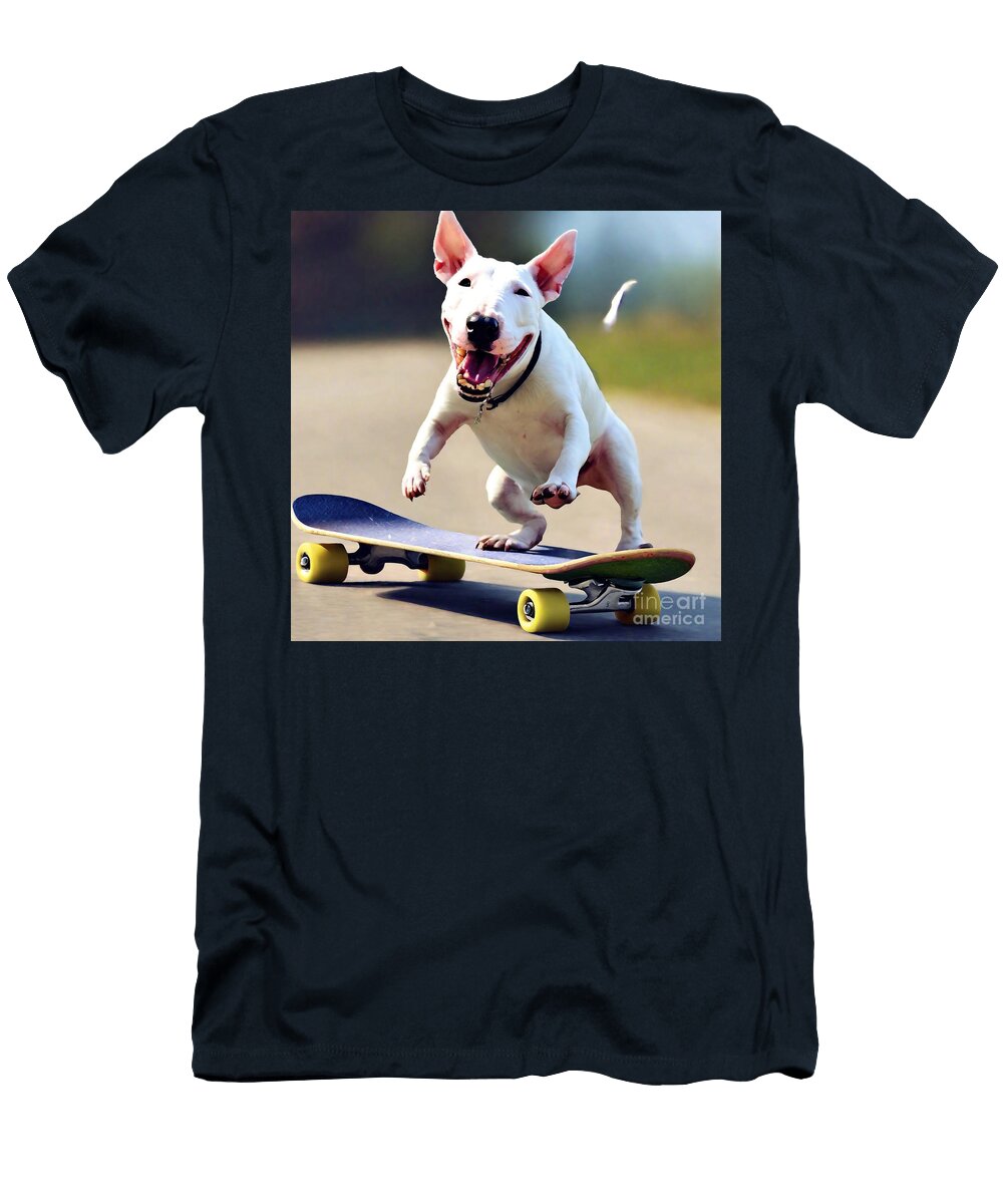 A Bull Terrier Being Goofy on a Skateboard Clint Mclaughlin T-Shirt