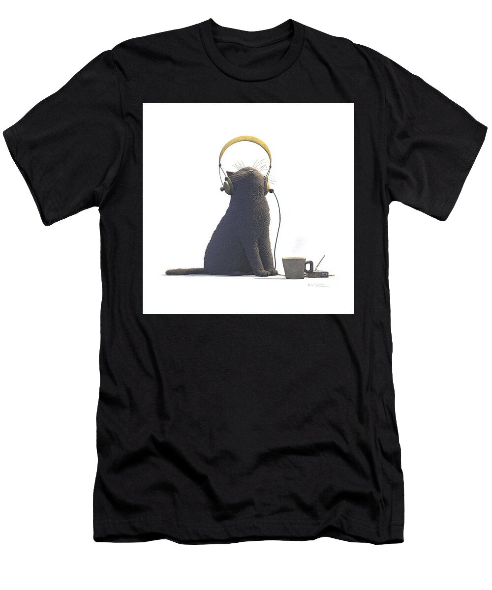 A Cartoonish Wide Eyed Orange Cat Is Wearing Headphones in a Room with a Vibrant Blue Wall a Vinta Srdja Kot T-Shirt