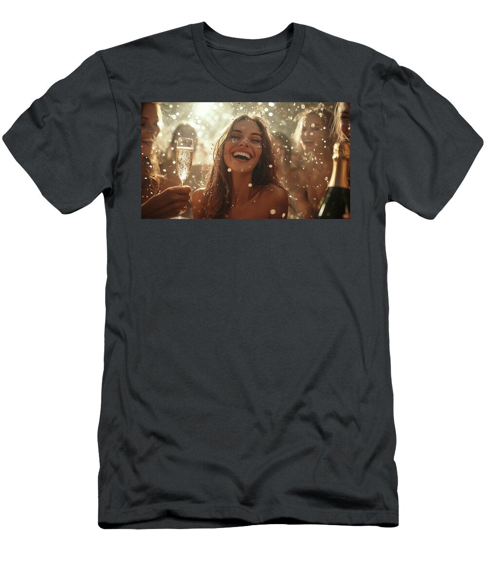 A Group of Young Women Celebrate a Milestone By Raising Glasses of Champagne Laughing and Cheering They Are Dressed in Elegant Attire and Pose Against a Backdrop of City Lights Arpan Bhatia T-Shirt