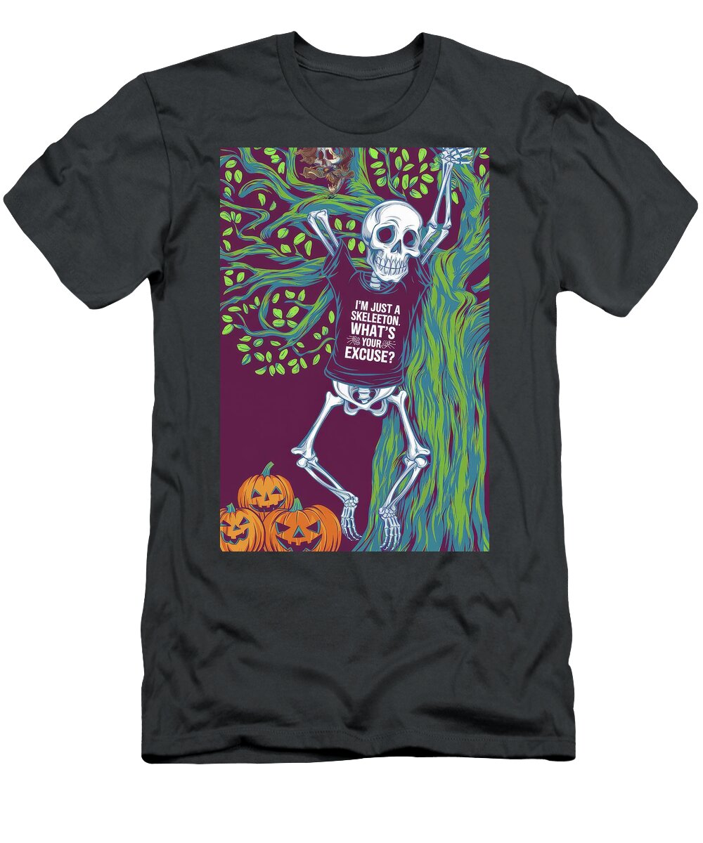 A Playful Skeleton Hangs Among Autumn Leaves Generative Ai Vidddie Publyshd T-Shirt
