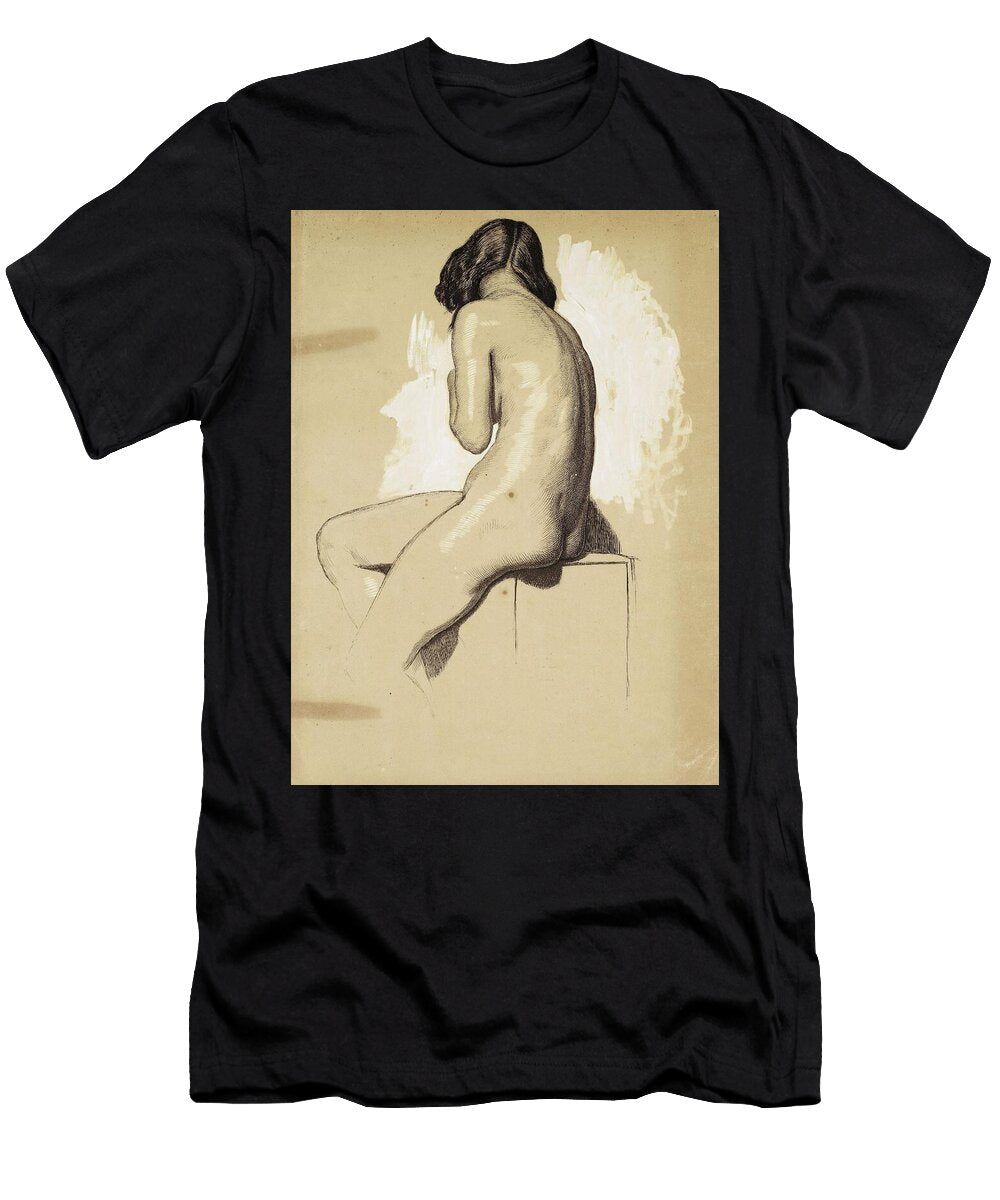 Academic Nude Figure Drawing Pencil Sketch of Seated Woman Neutral Background Anatomy Study William Holman Hunt T-Shirt