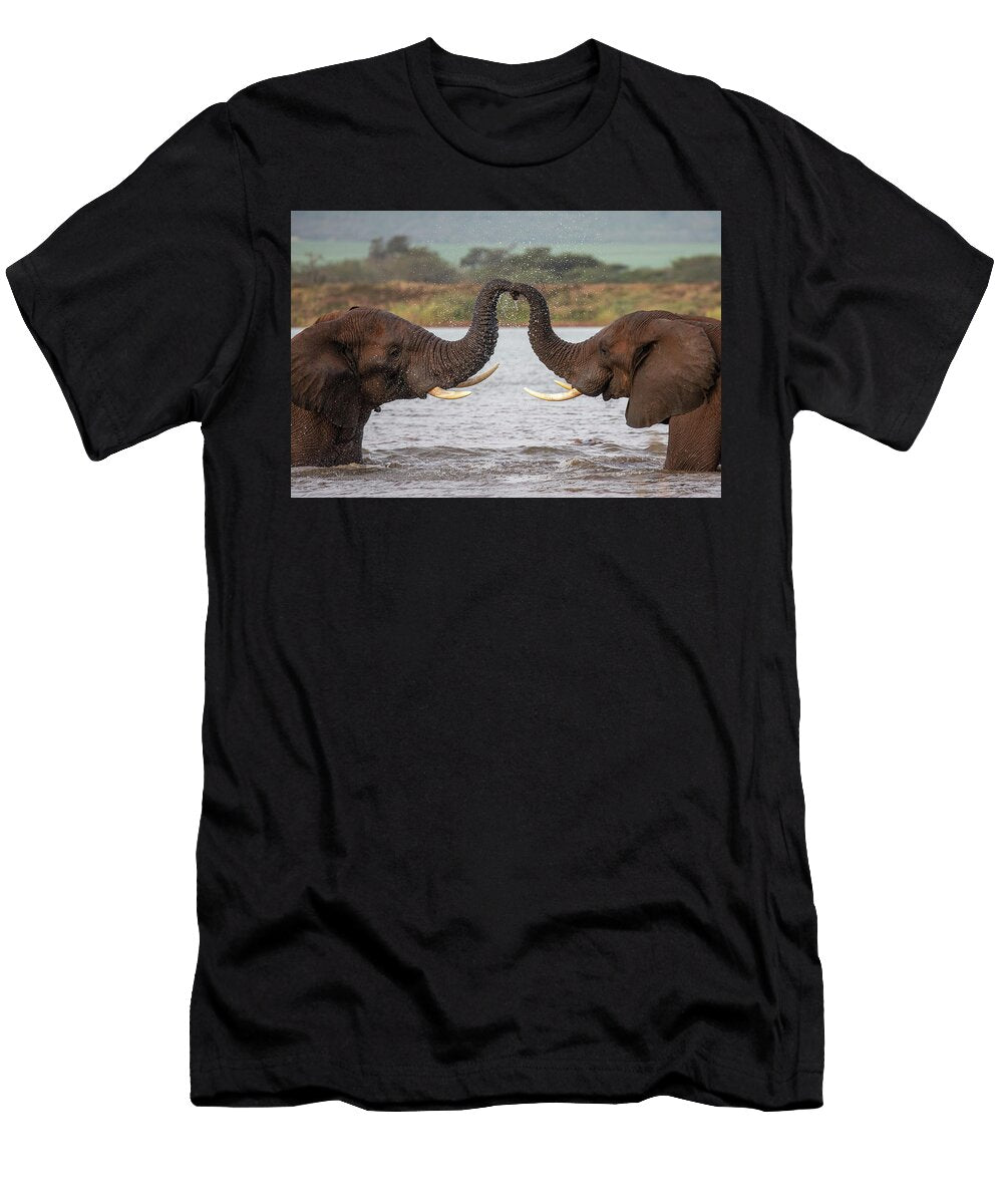 African Elephants in Water Trunks Touching Zimanga Game Ann Steve Toon Natureplcom T-Shirt
