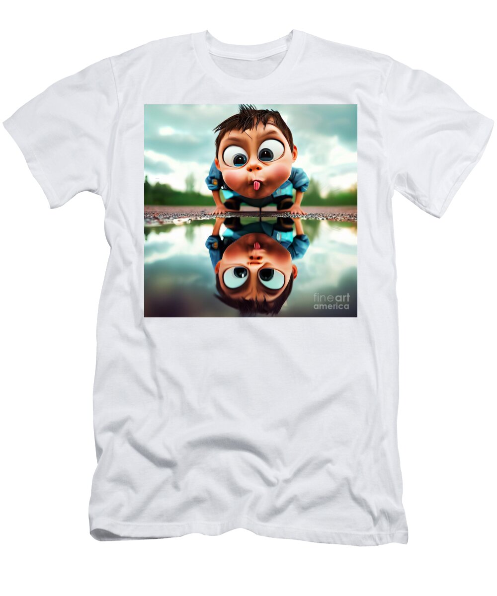 Ai Art of a Child Making Silly Faces At His Reflection in a Puddle of Water Rose Santuci Sofranko T-Shirt