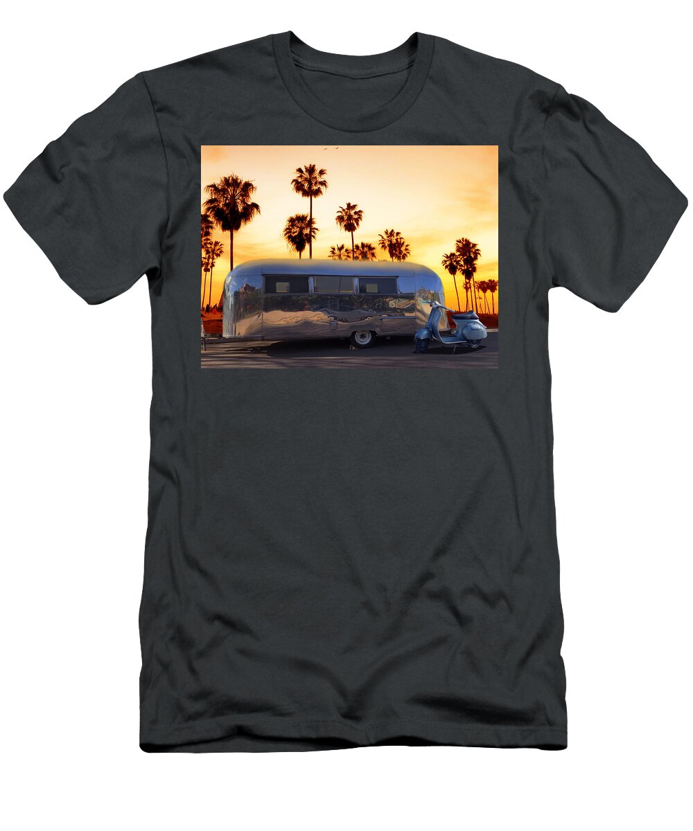 Airstream Trailer and Vespa Scooter At Sunset Larry Butterworth T-Shirt