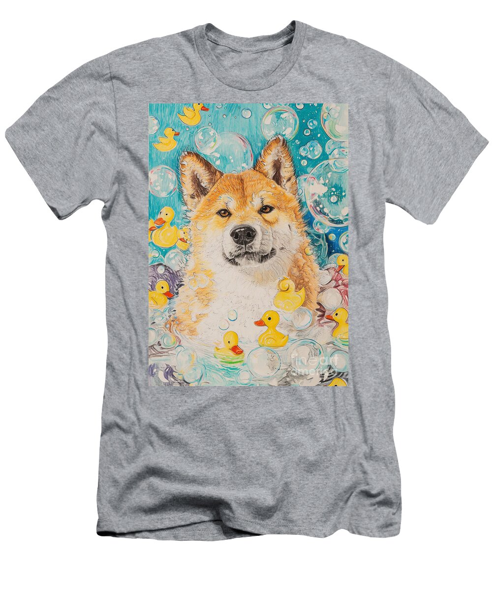 Akita Dog Enjoying a Bubbly Bath Adrien Efren T-Shirt