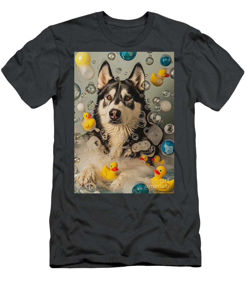 Alaskan Malamute Dog Frolicking in a Bubbly Bathtub Adrien Efren T-Shirt