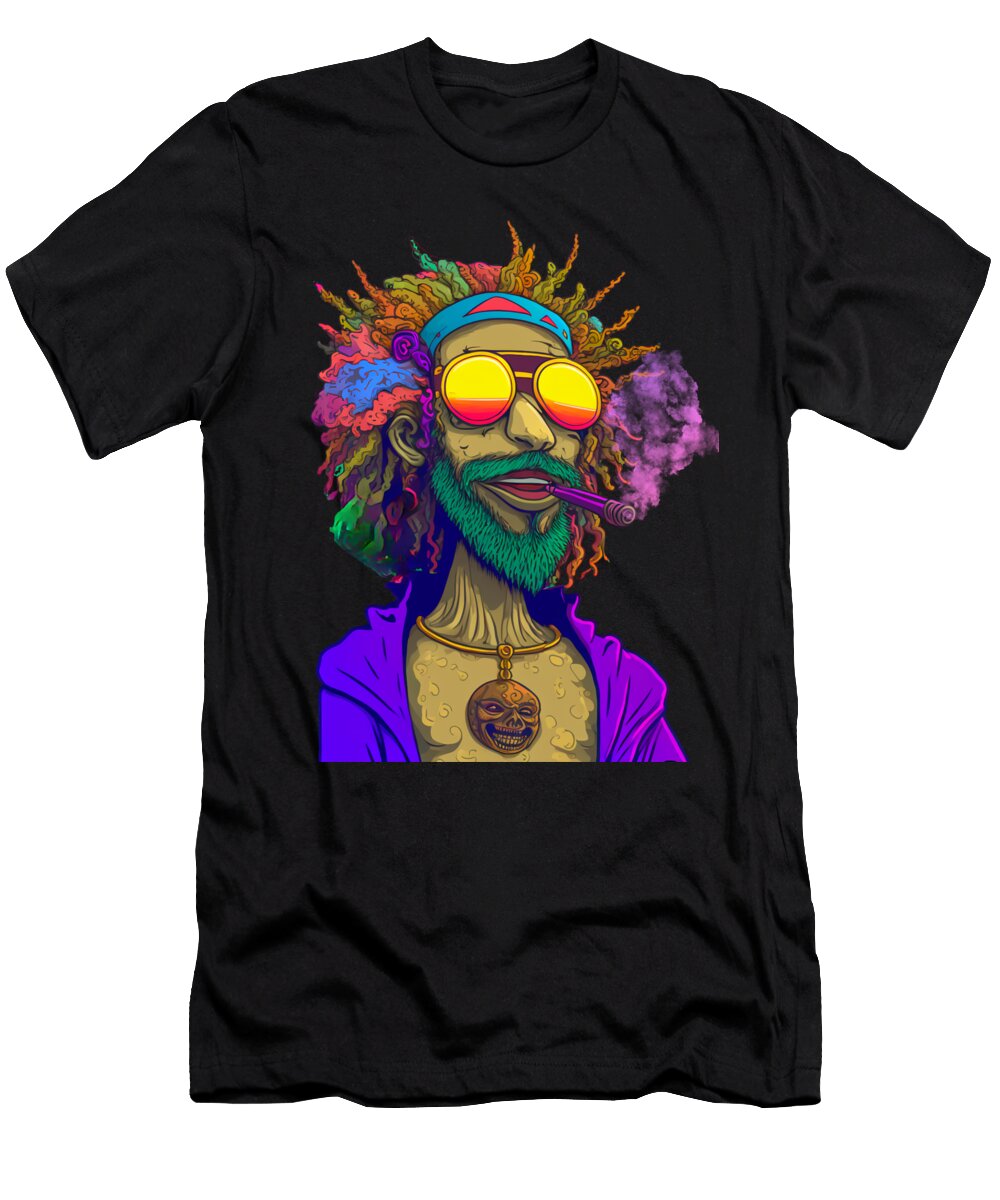 Anthropomorphic Hippy Smoking the Dope and Blowing Purple Smoke Cannabis Image Wacky Weed Designs T-Shirt
