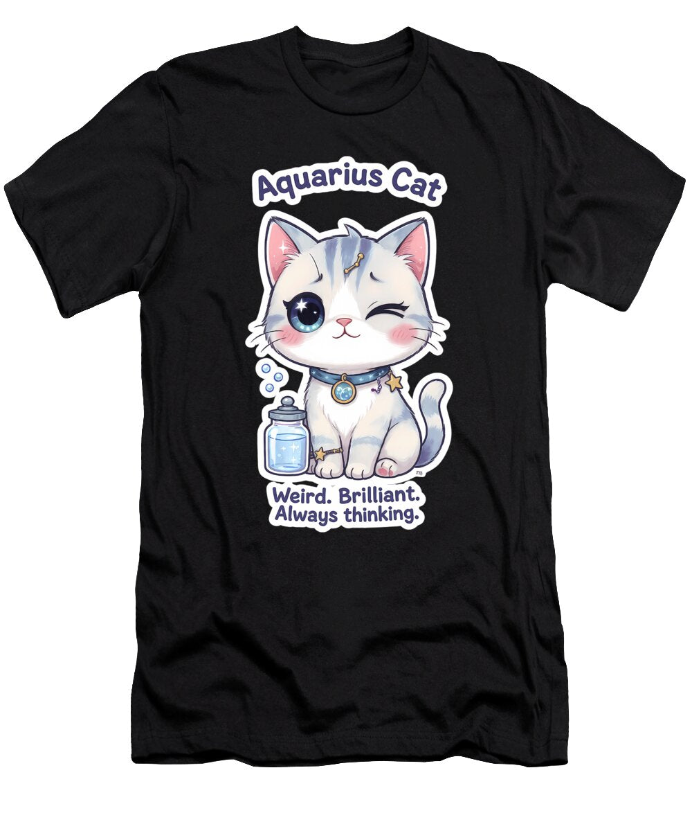 Aquarius Cat Unique Dreamy Zodiac Chibi Cat Sticker Melinda Dusnoki T-Shirt