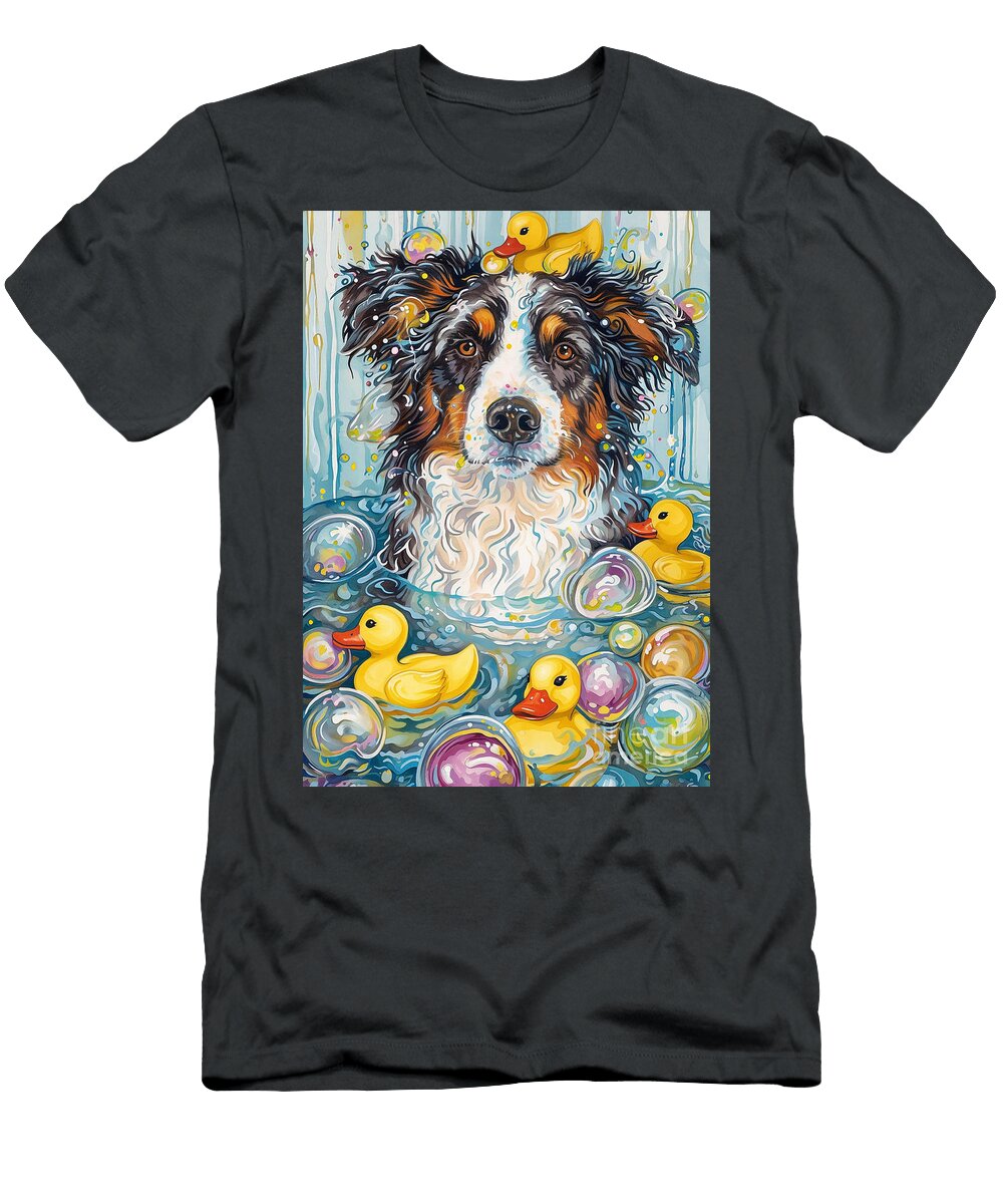 Australian Shepherd Dog Enjoying a Bubbly Bath Adrien Efren T-Shirt
