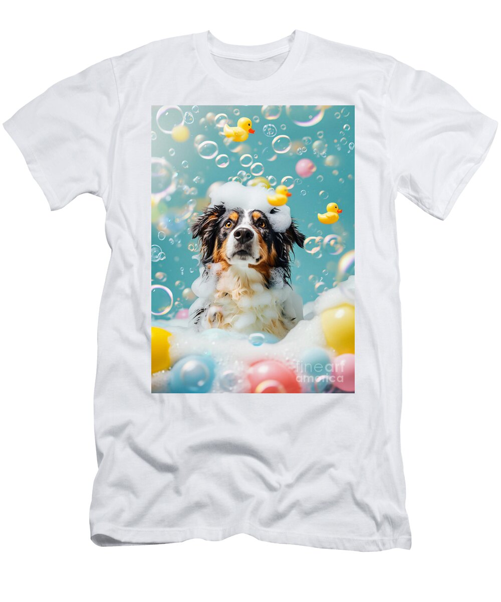Australian Shepherd Dog in a Bubbly Bathtub Scene Adrien Efren T-Shirt