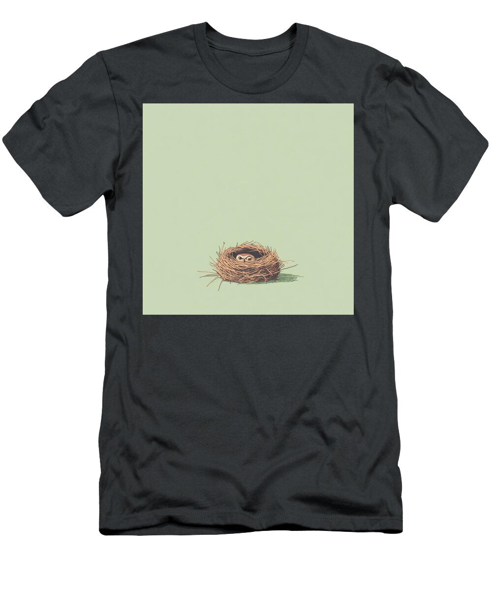 Baby Owl Peering From a Nest on a Pale Green Backdrop Maverick Junk T-Shirt