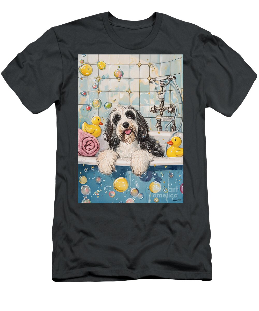 Bearded Collie Dog Enjoying a Bubbly Bathtub Adrien Efren T-Shirt
