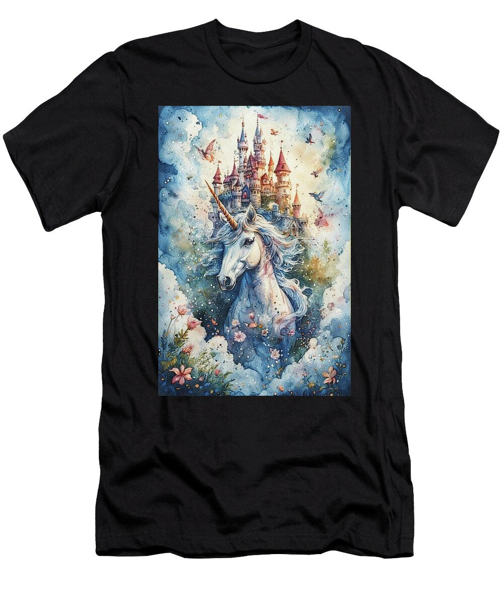 Beautiful Fantasy Unicorn and Castle Sarah Kirk T-Shirt