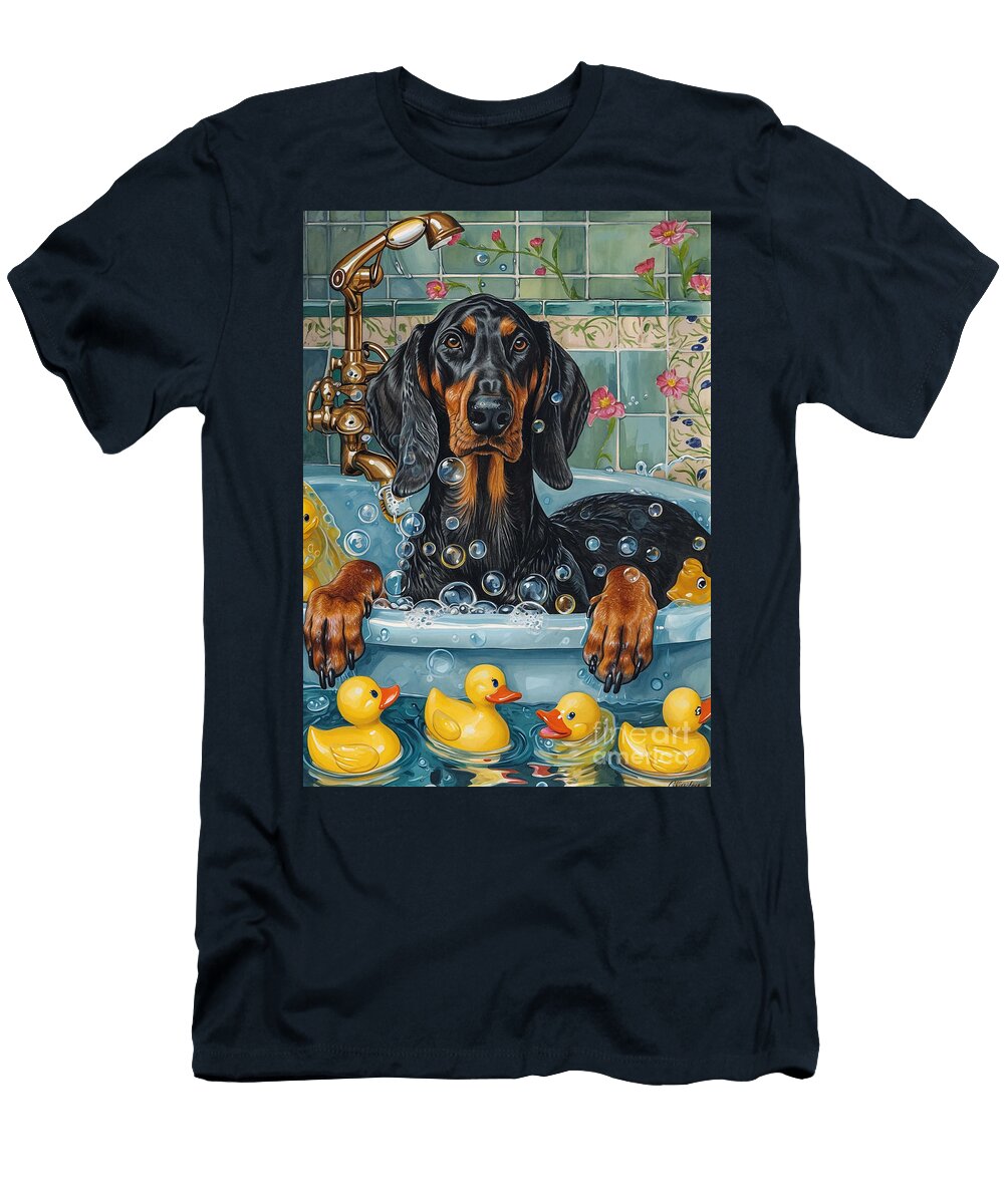 Black and Tan Coonhound Dog Frolicking in a Bubbly Bathtub Adrien Efren T-Shirt