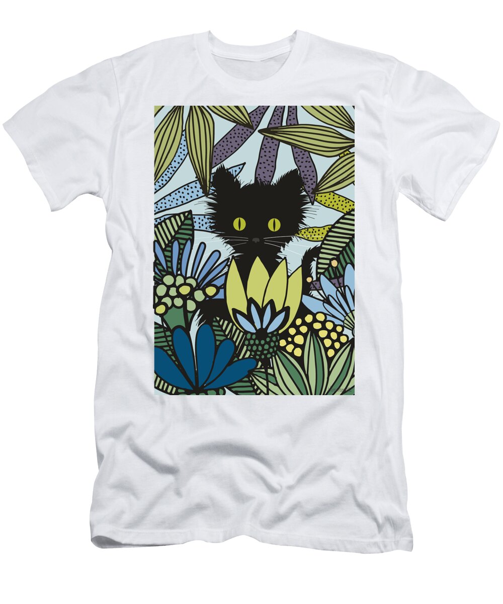 Black Cat in Blue Garden Johanna Virtanen T-Shirt