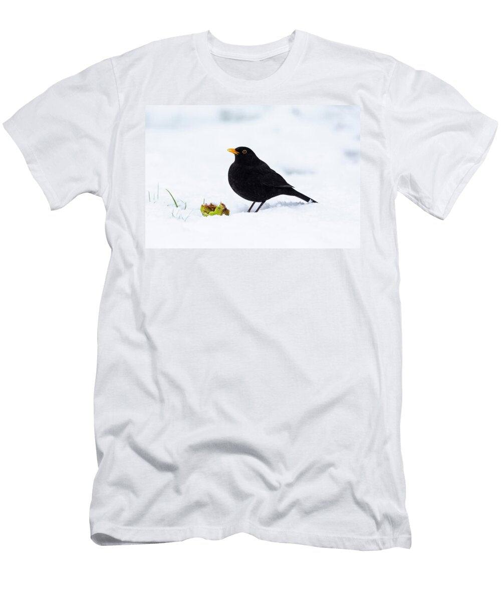 Blackbird Feeding on Apple in Snow Northumberland National Ann Steve Toon Natureplcom T-Shirt