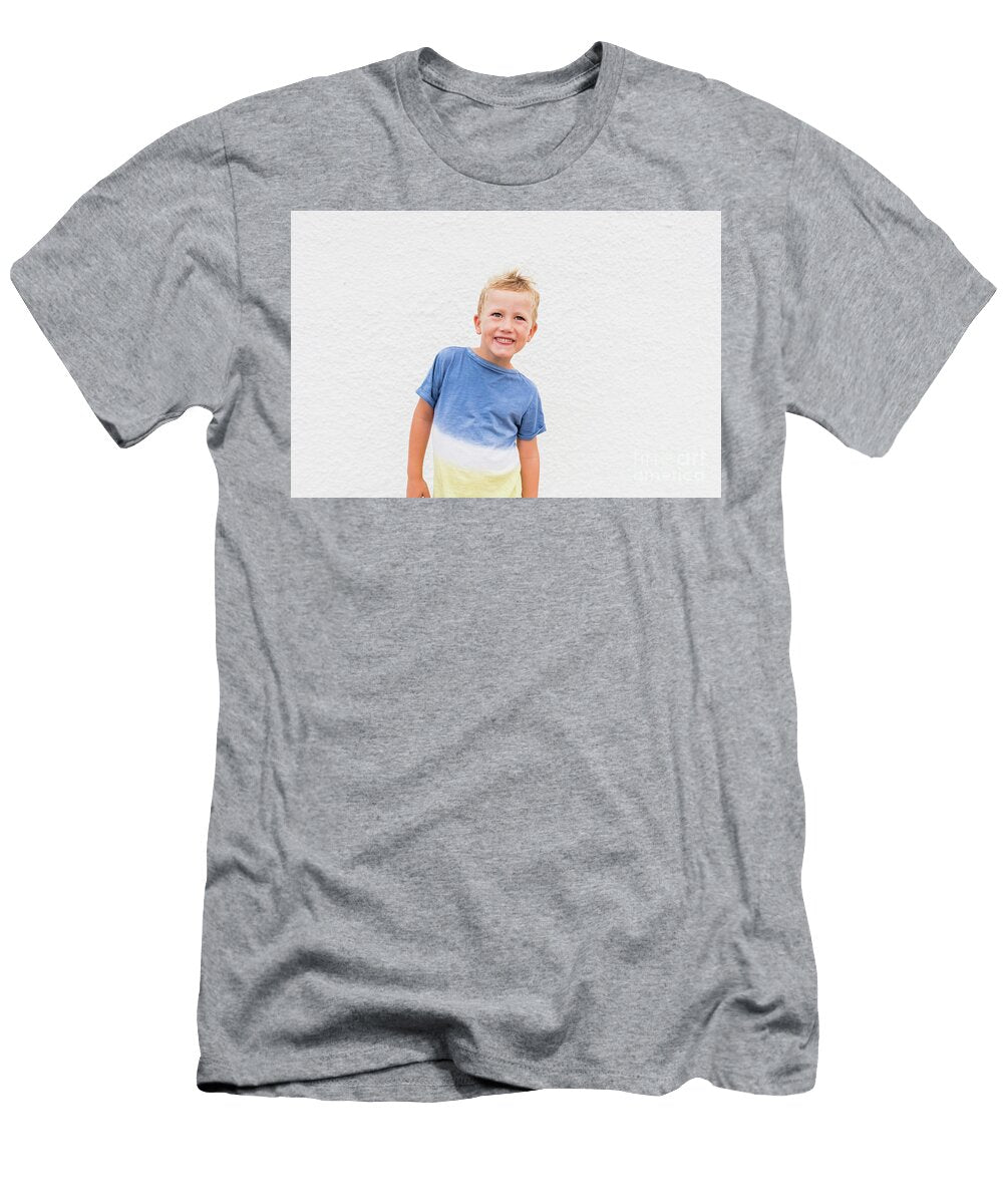 Blond Boy Making Funny Faces on White Background Joaquin Corbalan T-Shirt