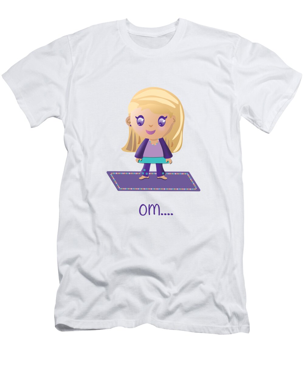 Blonde Chibi Yoga Girl Getting Ready for Yoga on the Mat with Om Text Barefoot Bodeez Art T-Shirt
