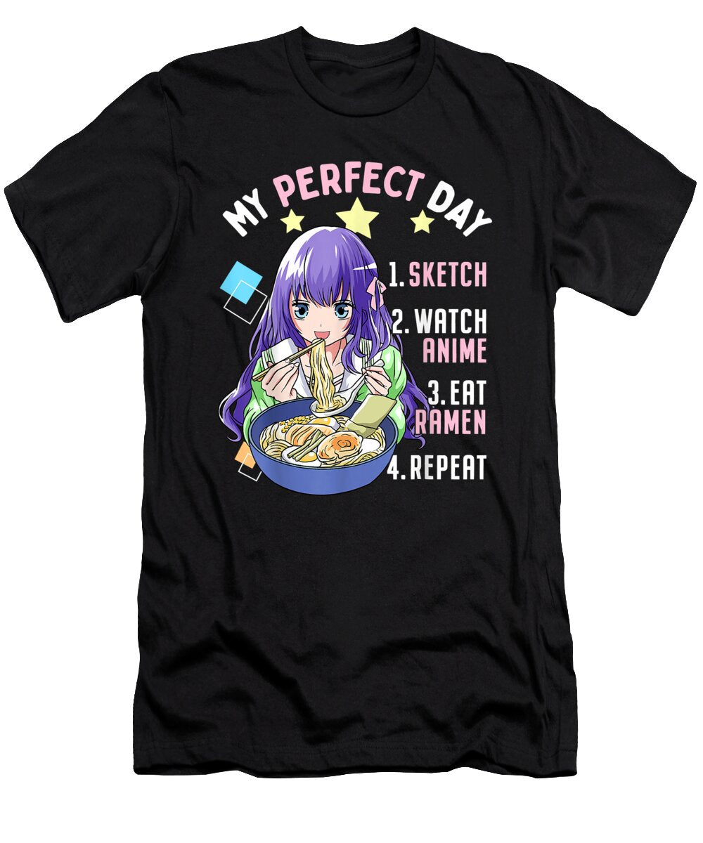 Bravery Courageous My Perfect Day Sketch Watch Anime Eat Ramen Repeat Kawaii Fans Ezone Prints T-Shirt
