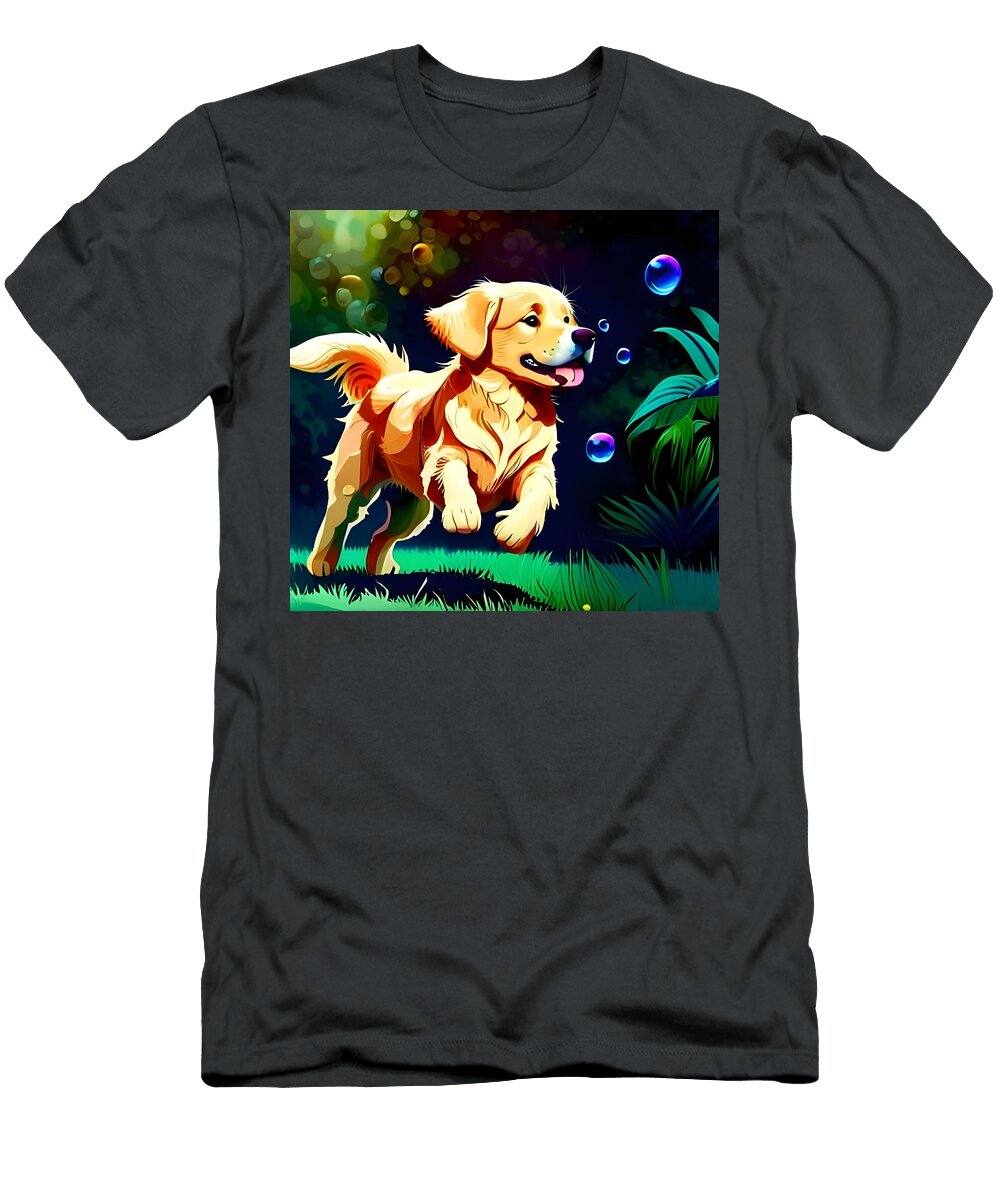 Bubbly Fun Adorable Happy Cub Golden Retriever Chasing Small Bubble Artvizual T-Shirt