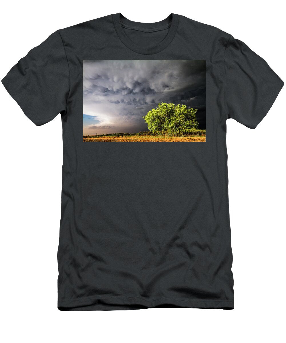 Bubbly Mammatus Clouds Over Sunlit Tree in Oklahoma Southern Plains Photography T-Shirt