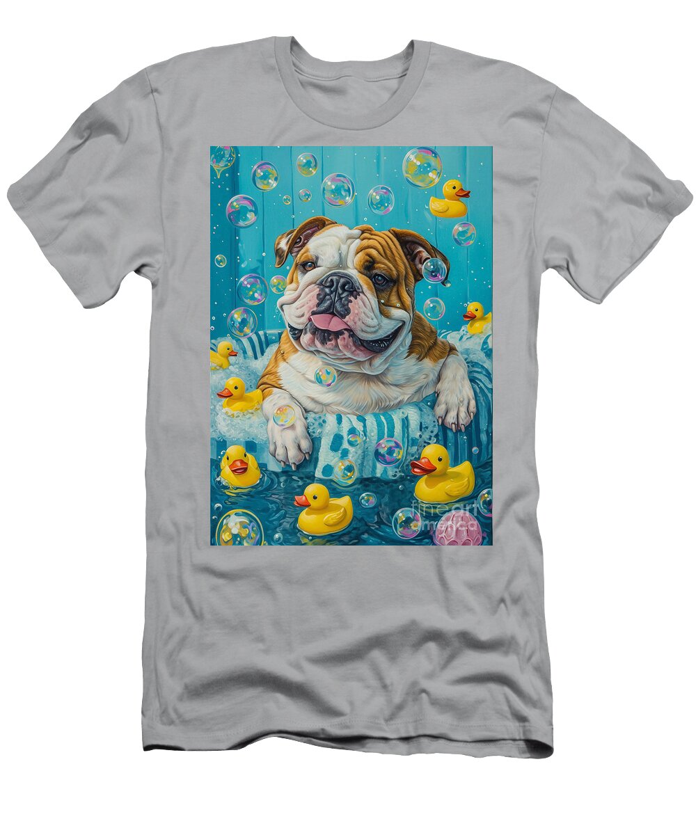 Bulldog Dog Frolicking in a Bubbly Bathtub Adrien Efren T-Shirt