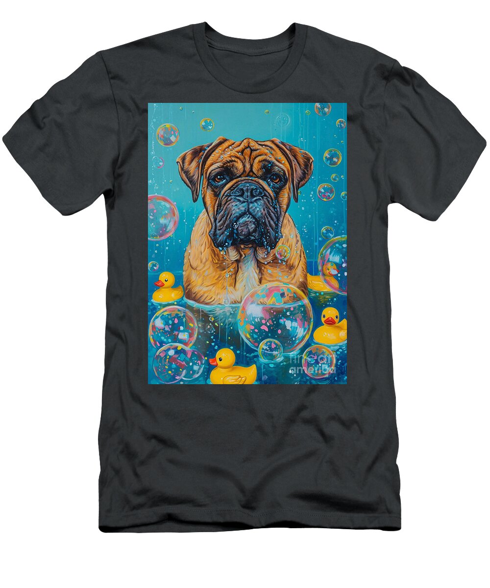 Bullmastiff Dog Frolicking in a Bubbly Bathtub Adrien Efren T-Shirt