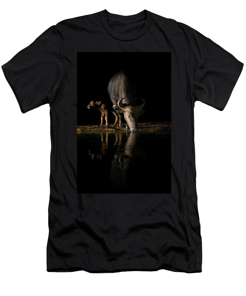 Cape Buffalo Female with Calf Drinking At Waterhole At Ann Steve Toon Natureplcom T-Shirt