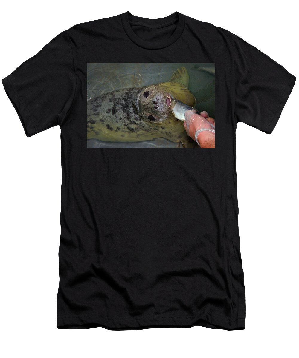Carer Feeding Recovering Grey Seal Pup Uno a Fish in a Nick Upton Natureplcom T-Shirt