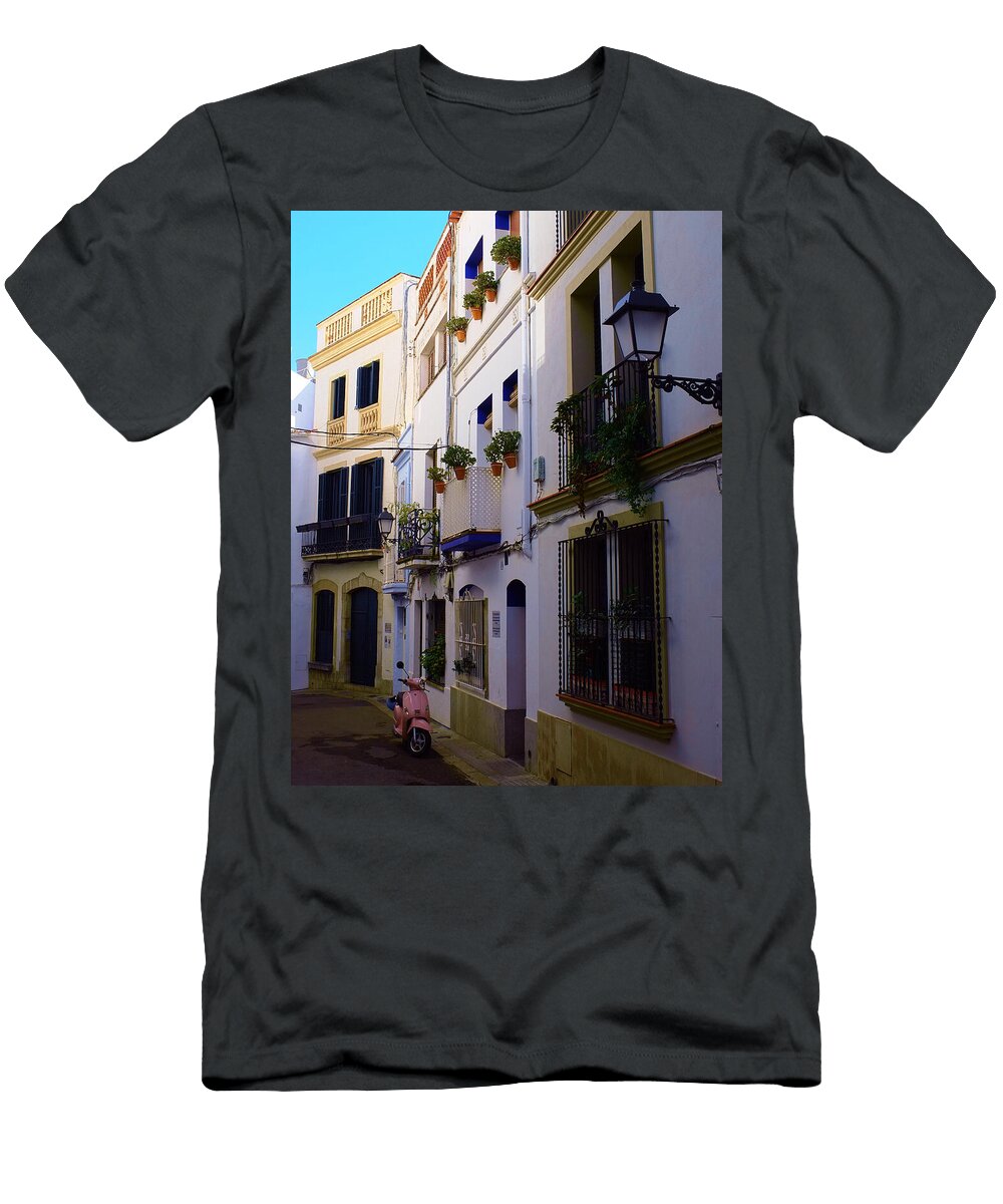 Carrer De Sant Domenec Whitewashed Mediterranean Street with Iron Balconies in Sitges Spain Print Travel Essayist T-Shirt